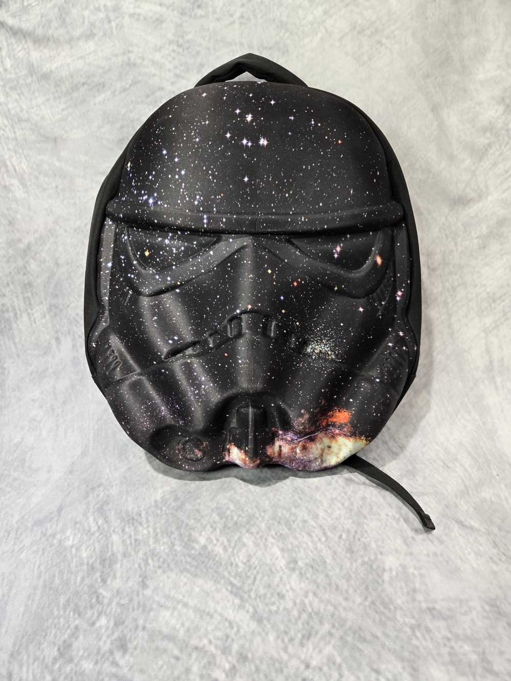 Star Wars Stormtrooper Galaxy Helmet 3D Molded Backpack featuring a vibrant